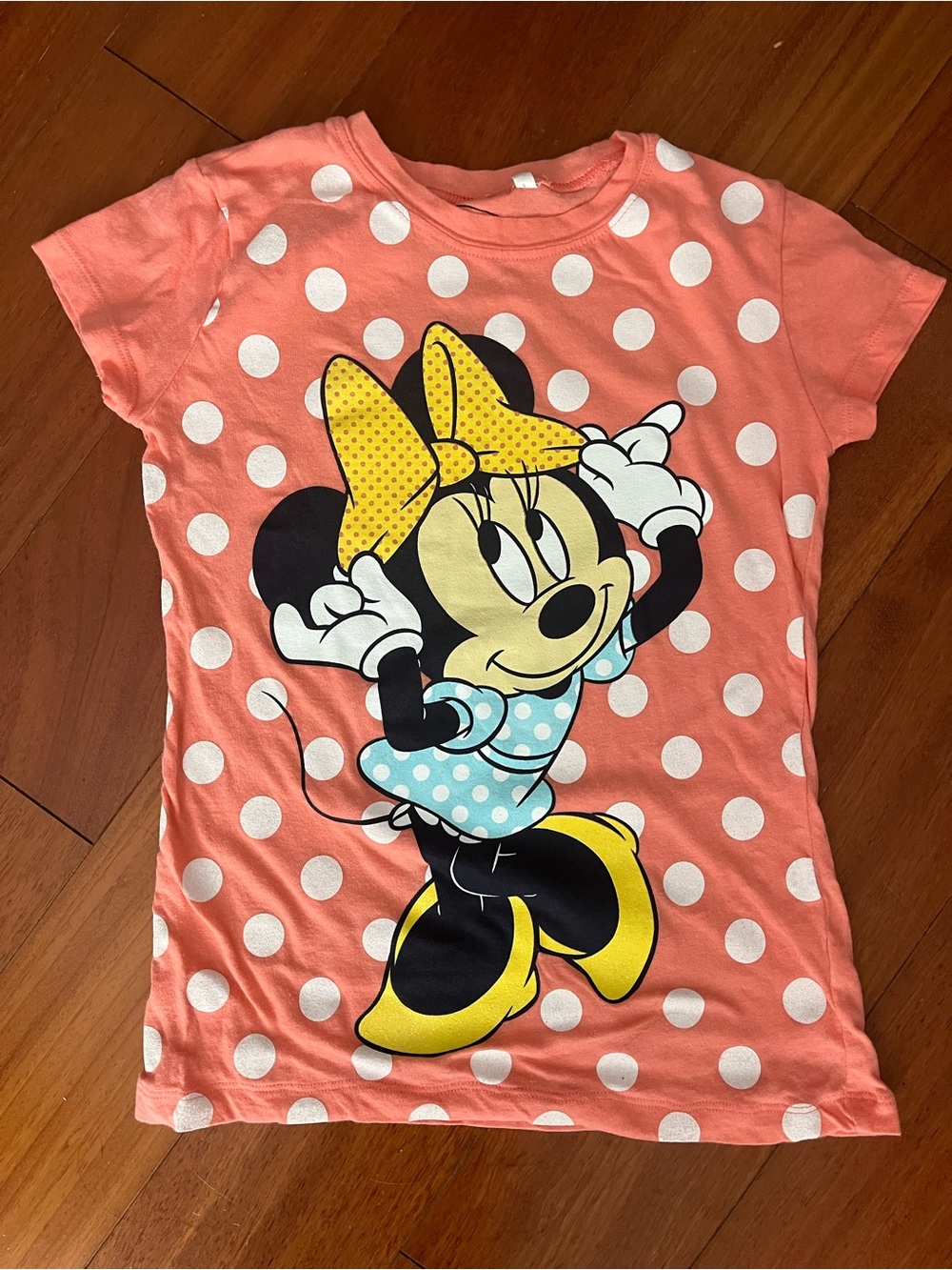 Disney Coral Polka Dot Minnie Mouse Tee with Yellow Bow and Blue Dress
